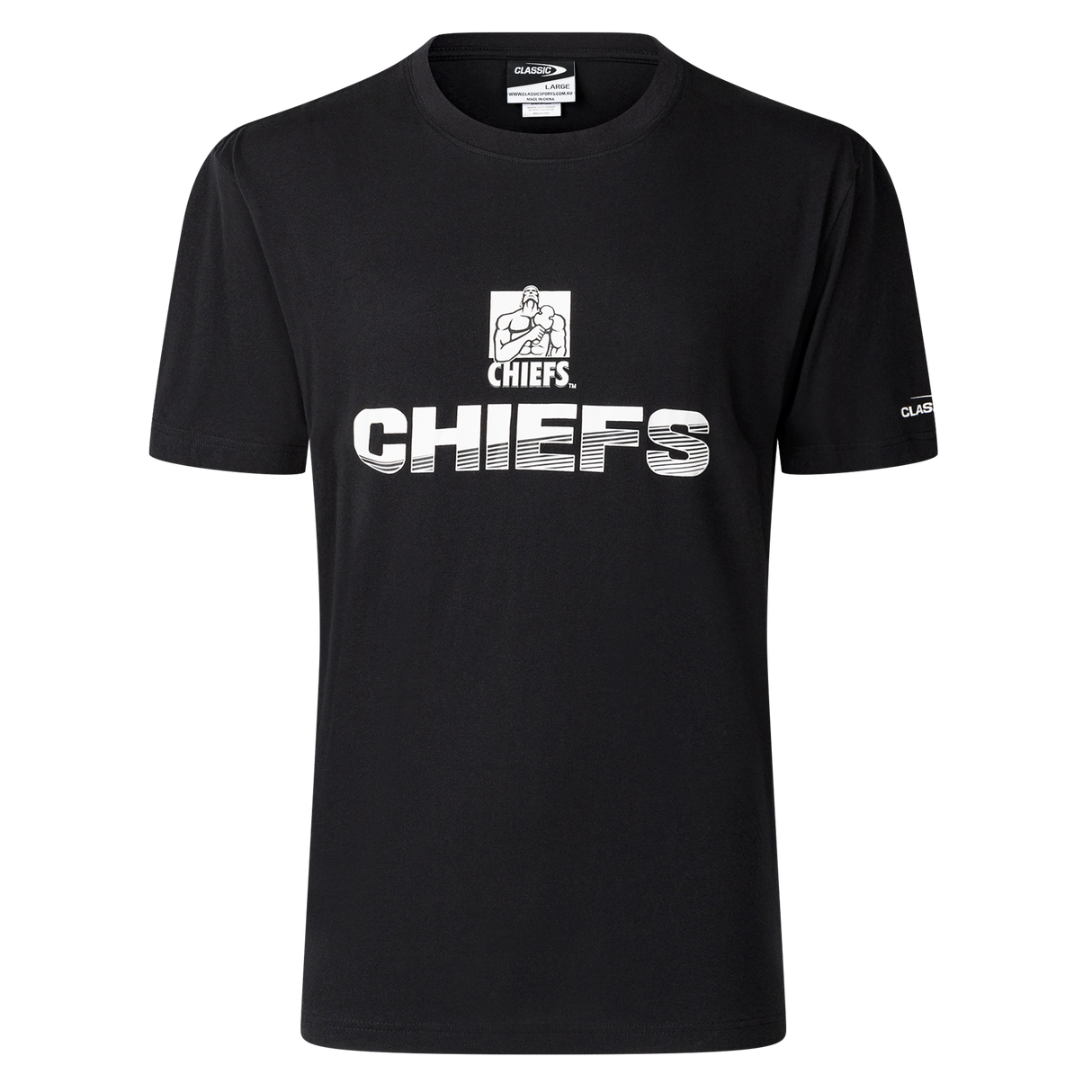 The Gallagher Chiefs Super Rugby Supporters Cotton Tee 25/26 by Classic Sportswear is a black cotton shirt with "CHIEFS" in large white letters and the Gallagher Chiefs logo above.