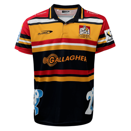 A Classic Sportswear Gallagher Chiefs Super Rugby Heritage Jersey featuring red, yellow, and black horizontal stripes with sponsor logos and a team emblem.