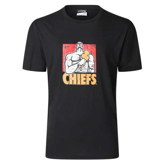 Gallagher Chiefs Super Rugby Supporters Retro Cotton Tee 25/26 by Classic Sportswear: A black tee featuring a flexing character with a clenched fist and the text "CHIEFS," representing Chiefs pride.