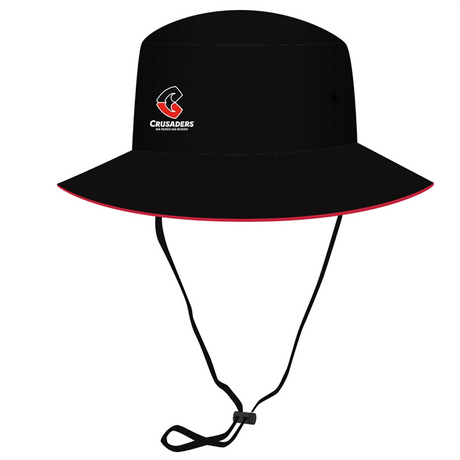 The Crusaders Super Rugby Bucket Hat 24 by Classic Sportswear is a black hat that features an embroidered Crusaders Super Rugby logo in red and white, complete with a chin strap.