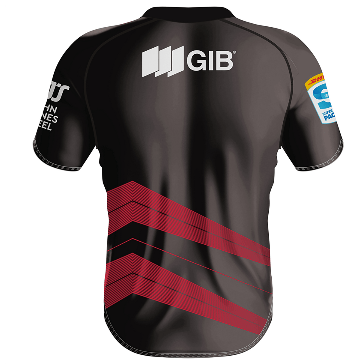 Introducing the Crusaders Super Rugby Away Jersey 24 by Classic Sportswear — a black short-sleeve sports jersey featuring red geometric stripes on the back. Adorned with multiple sponsor logos, including "GIB," "DHL," and "Pauls" on the sleeves and upper back, this jersey now boasts an anti-microbial wickable finish. Perfect for Super Rugby 2024!