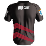 Introducing the Crusaders Super Rugby Away Jersey 24 by Classic Sportswear — a black short-sleeve sports jersey featuring red geometric stripes on the back. Adorned with multiple sponsor logos, including "GIB," "DHL," and "Pauls" on the sleeves and upper back, this jersey now boasts an anti-microbial wickable finish. Perfect for Super Rugby 2024!