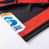 Close-up of a black and red Classic Sportswear Crusaders Super Rugby Heritage Jersey with a rugby league logo on the sleeve.