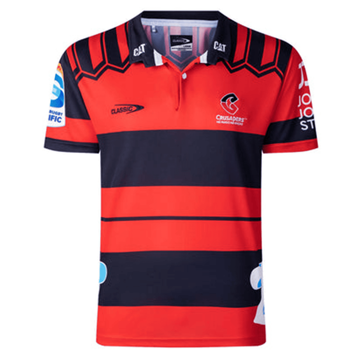 Red and blue striped Crusaders Super Rugby Heritage Jersey by Classic Sportswear with Crusaders logo and sponsor logos displayed, including cat and Classic Sportswear.