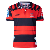 Red and blue striped Crusaders Super Rugby Heritage Jersey by Classic Sportswear with Crusaders logo and sponsor logos displayed, including cat and Classic Sportswear.