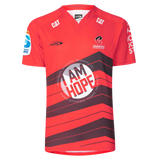 The Crusaders Super Rugby Replica Home Jersey 25/26 by Classic Sportswear features sponsor logos, the "Classic" logo, and the "Crusaders" team logo. It showcases "I AM HOPE" on the front, making it essential for any Super Rugby enthusiast.