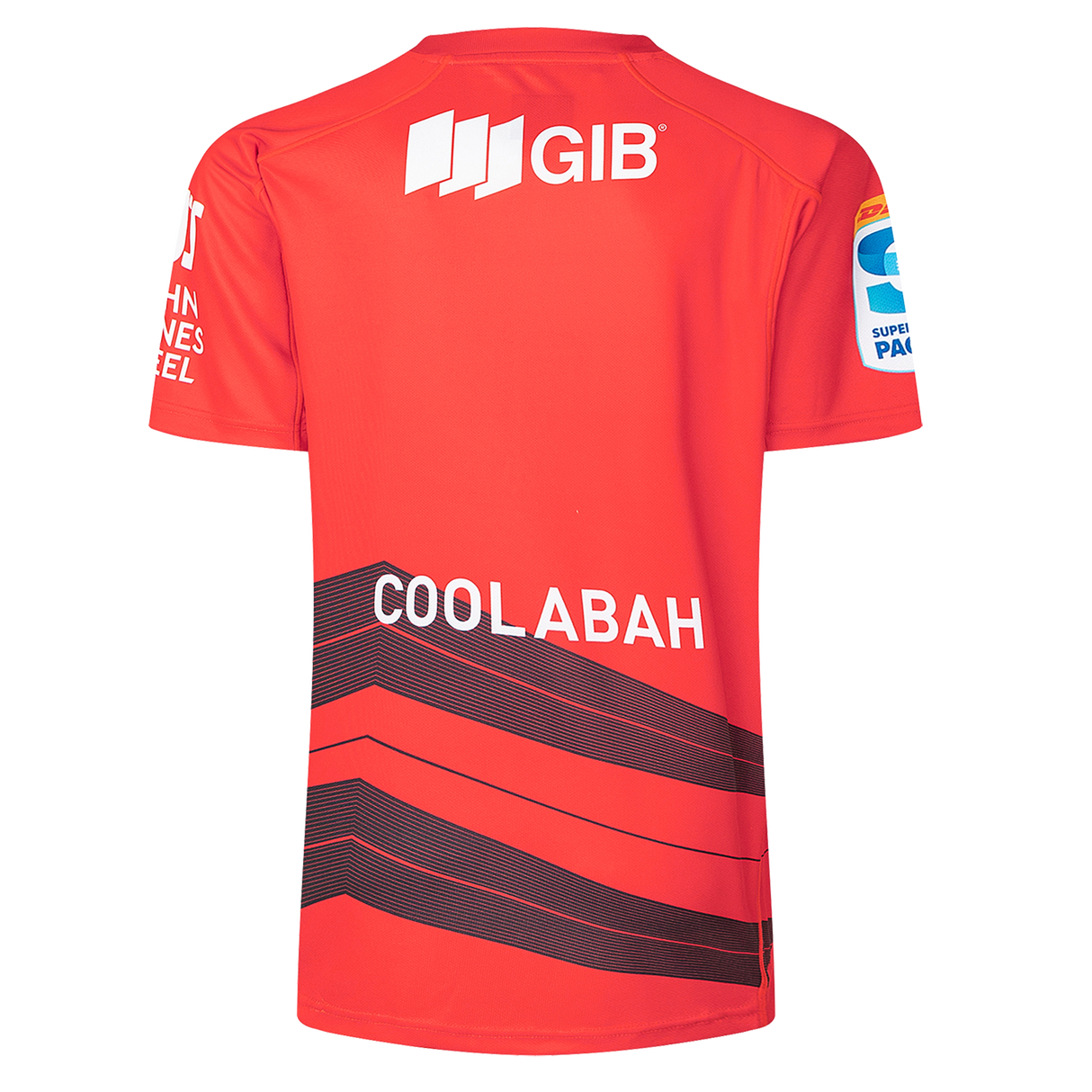 The Crusaders Super Rugby Replica Home Jersey 25/26 by Classic Sportswear is a red sports jersey with "COOLABAH" on the back, black diagonal stripes, and GIB plus other logos on sleeves and upper back. It's perfect for showcasing your Super Rugby pride.