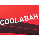 The Crusaders Super Rugby Replica Home Jersey 25/26 by Classic Sportswear features a red background with "COOLABAH" in white, similar to iconic sportswear, and black diagonal stripes beneath.