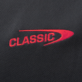 The Crusaders Super Rugby Replica Away Jersey 25/26 by Classic Sportswear features a black and red design with "CLASSIC" embroidered in red, accented by a curved line, showcasing Classic Sportswear's renowned craftsmanship.