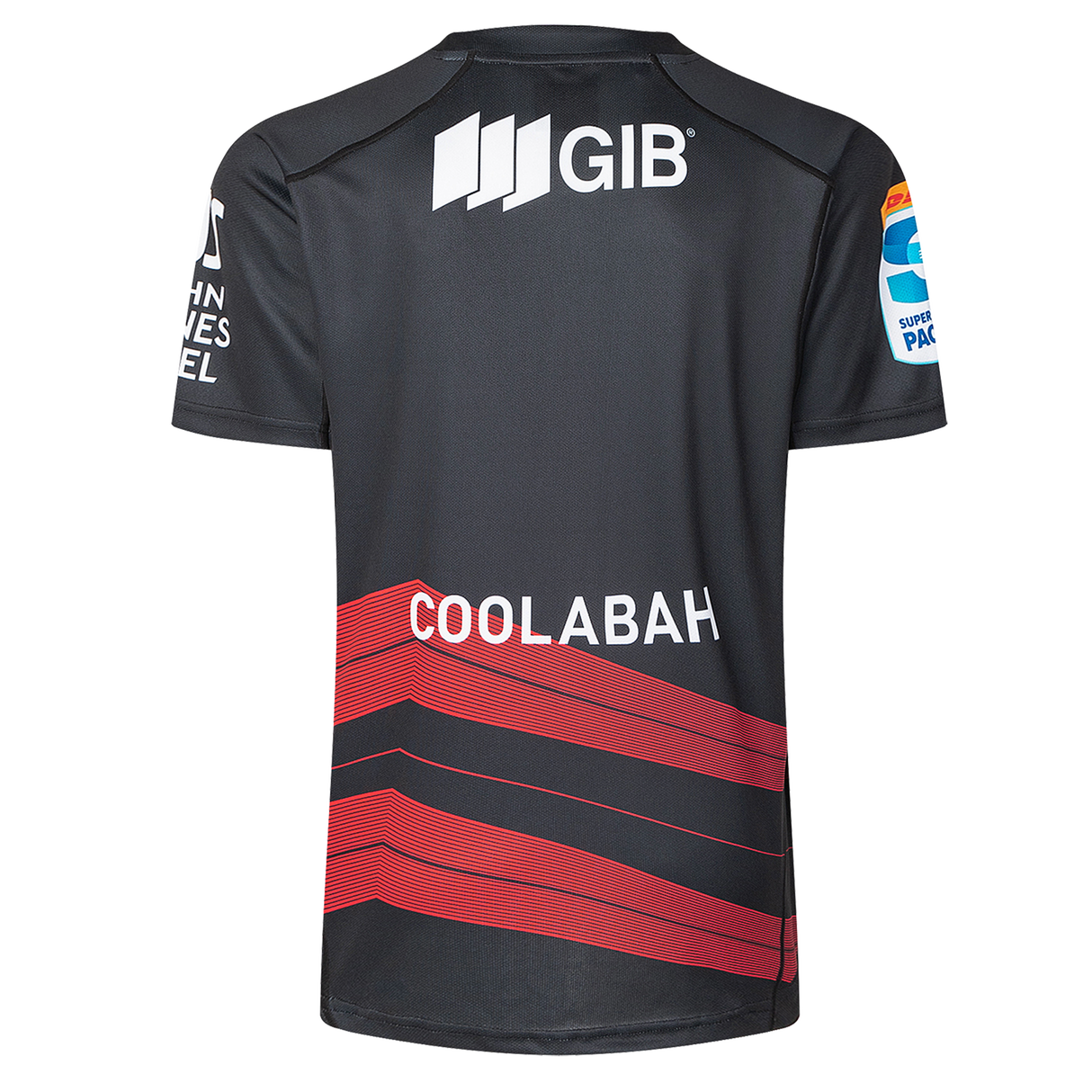 Back view of the Crusaders Super Rugby Replica Away Jersey 25/26 by Classic Sportswear, showcasing "GIB" and "COOLABAH" text. This black and red design includes red diagonal stripes and sleeve logos on a transparent background.