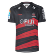 The Crusaders Super Rugby Replica Away Jersey 25/26 by Classic Sportswear is a classic sportswear piece featuring a bold black and red design with sponsor logos.