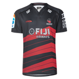 The Crusaders Super Rugby Replica Away Jersey 25/26 by Classic Sportswear is a classic sportswear piece featuring a bold black and red design with sponsor logos.