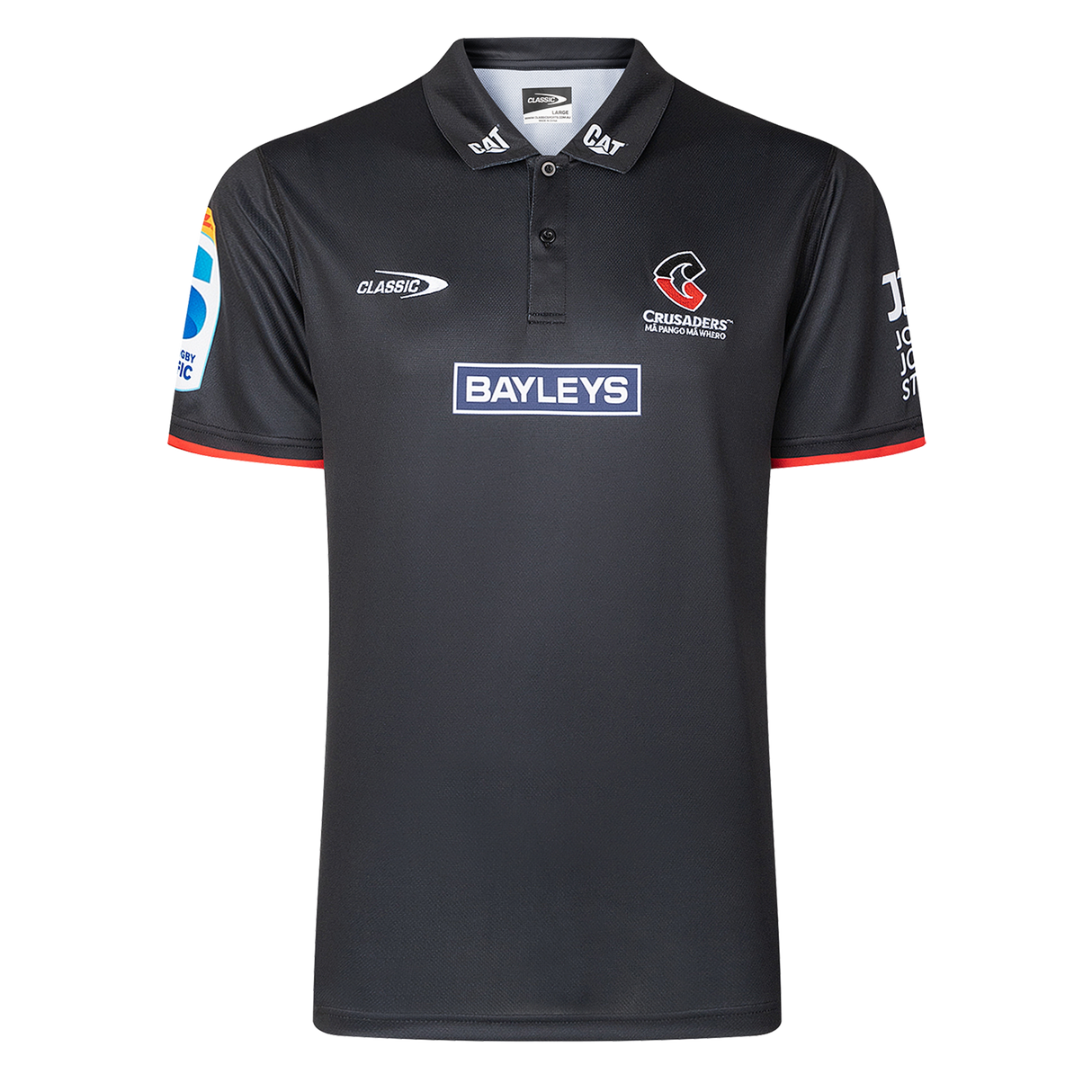 The Crusaders Super Rugby Team Polo 25/26 by Classic Sportswear, made from moisture-wicking fabric, showcases embroidered Bayleys and Crusaders logos on the front and sleeves.