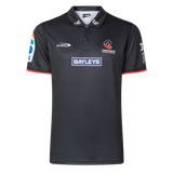 The Crusaders Super Rugby Team Polo 25/26 by Classic Sportswear, made from moisture-wicking fabric, showcases embroidered Bayleys and Crusaders logos on the front and sleeves.