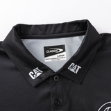 Close-up of a black polo by Classic Sportswear, featuring an embroidered "CAT" logo and size label "Classic, Large, Made in China." The Crusaders Super Rugby Team Polo 25/26 blends timeless style with moisture-wicking fabric for ultimate comfort.