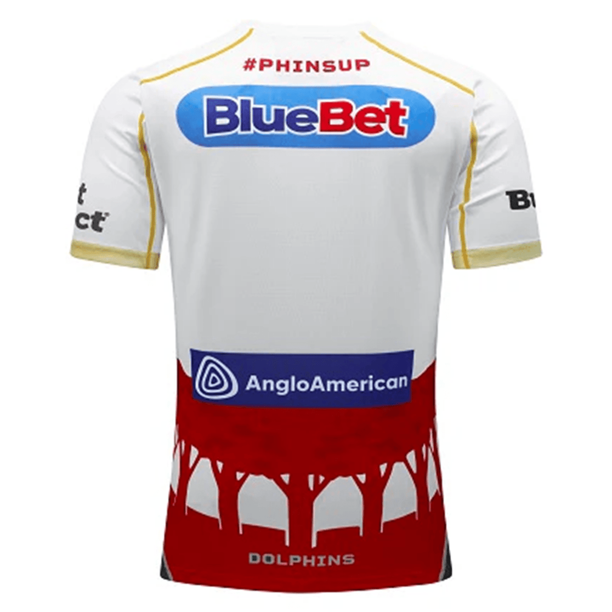 Back view of the Dolphins NRL Heritage Jersey by Classic Sportswear featuring BlueBet and AngloAmerican logos, with the hashtag "#PHINSUP" on the upper back. The lower half showcases a red design resembling tree or roof silhouettes and text "DOLPHINS." Crafted by Classic Sportswear, it's a nod to ANZAC Avenue's legacy.