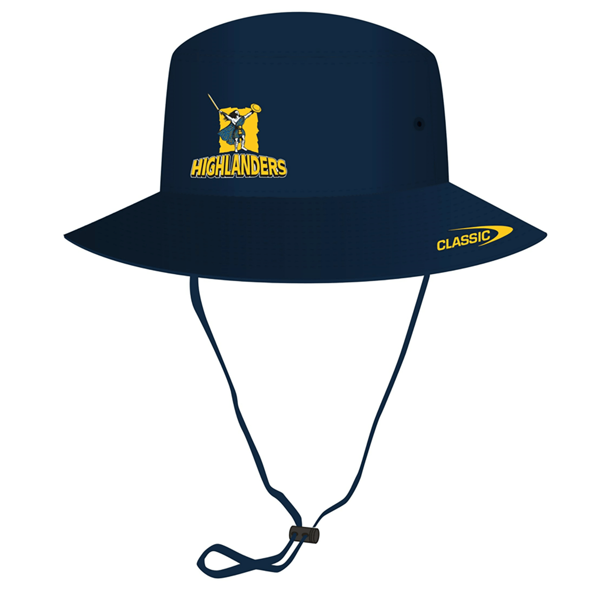 Highlanders Super Rugby Bucket Hat 24 by Classic Sportswear in navy blue with a chin strap, featuring the embroidered "Highlanders" rugby logo and the word "CLASSIC" on the brim.