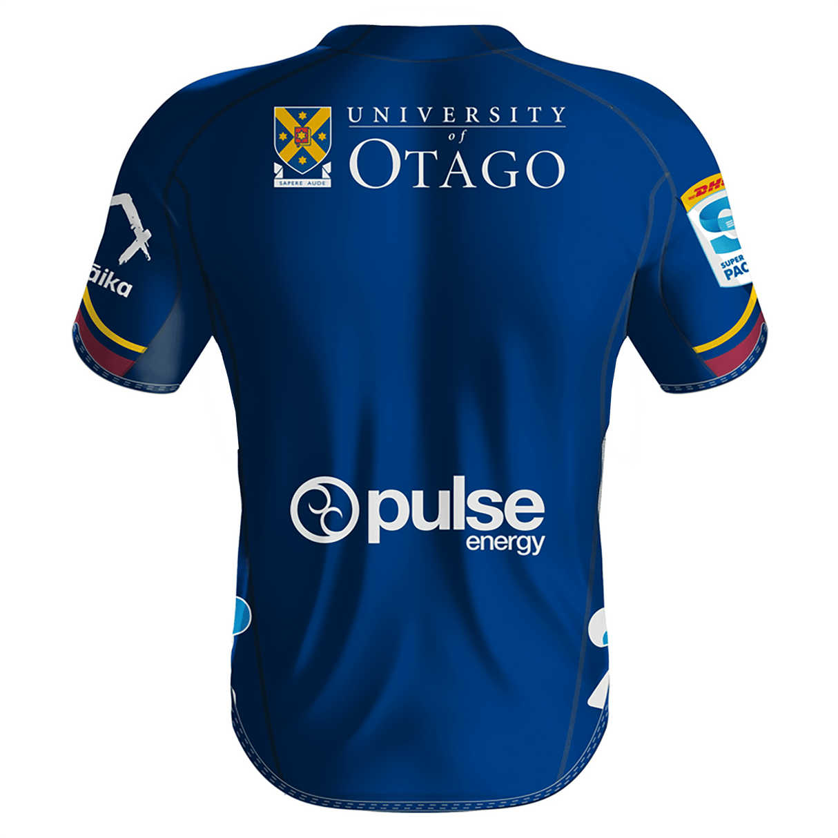 The image showcases the back of the Highlanders Super Rugby Home Jersey 24 by Classic Sportswear, prominently displaying the University of Otago logo along with sponsor logos from Pulse Energy, Forsyth Barr, and others. Predominantly blue with colorful accents on the sleeves, this Classic Sportswear jersey is poised to make a statement in Super Rugby 2024.