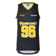 The Hurricanes Super Rugby 25/26 Supporters Basketball Singlet by Classic Sportswear features a black design with yellow trim, showcasing the number 96. Made from polyester performance fabric, it has "Hurricanes" printed above the number for a sporty touch.