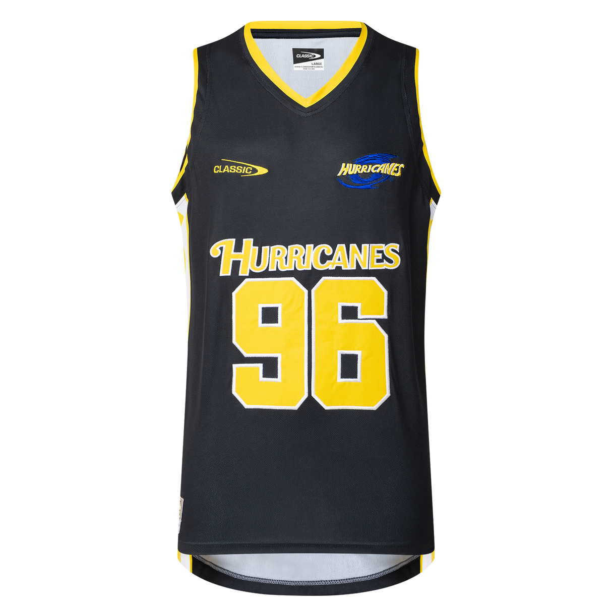 The Hurricanes Super Rugby 25/26 Supporters Basketball Singlet by Classic Sportswear features a black design with yellow trim, showcasing the number 96. Made from polyester performance fabric, it has "Hurricanes" printed above the number for a sporty touch.