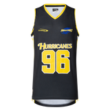 The Hurricanes Super Rugby 25/26 Supporters Basketball Singlet by Classic Sportswear features a black design with yellow trim, showcasing the number 96. Made from polyester performance fabric, it has "Hurricanes" printed above the number for a sporty touch.