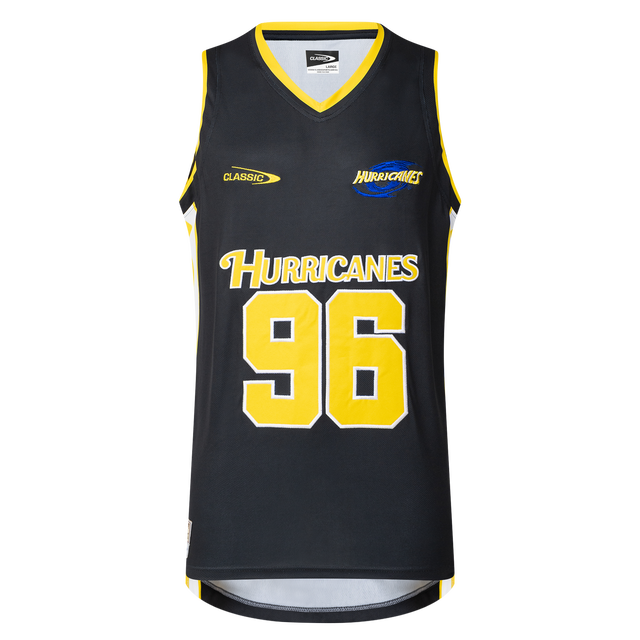 The Hurricanes Super Rugby 25/26 Supporters Basketball Singlet by Classic Sportswear features a black design with yellow trim, showcasing the number 96. Made from polyester performance fabric, it has "Hurricanes" printed above the number for a sporty touch.