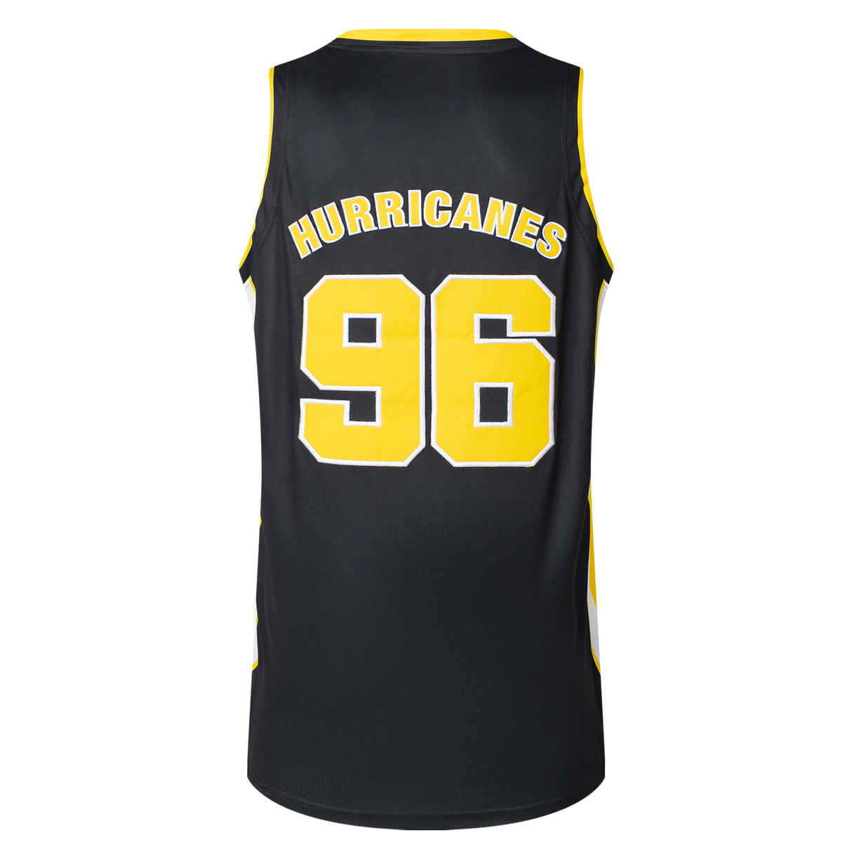 The back of the Hurricanes Super Rugby 25/26 Supporters Basketball Singlet by Classic Sportswear features "HURRICANES" and "96" in vibrant yellow on dark polyester performance fabric.