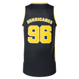 The back of the Hurricanes Super Rugby 25/26 Supporters Basketball Singlet by Classic Sportswear features "HURRICANES" and "96" in vibrant yellow on dark polyester performance fabric.