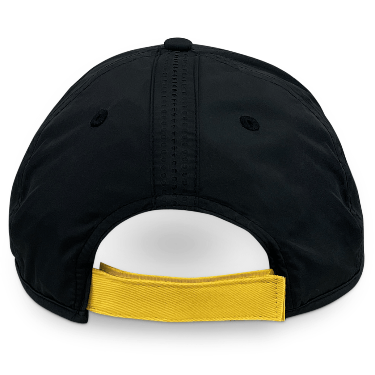 Back view of the Classic Sportswear Hurricanes Super Rugby Media Cap 24 featuring a black design with a yellow adjustable Velcro closure and ventilation holes.