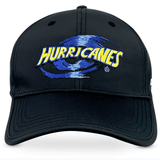 A black Hurricanes Super Rugby Media Cap 24 from Classic Sportswear, featuring "Hurricanes" embroidered in yellow and white letters alongside a blue and white swirling design in the background. This cap includes an adjustable Velcro closure for a perfect fit.