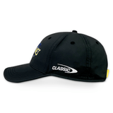 Side view of a black Hurricanes Super Rugby Media Cap 24 by Classic Sportswear with "CLASSIC" and a logo embroidered in white on the side, featuring an Adjustable Velcro closure for convenience.