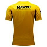 Rear view of a yellow shirt with the Classic Sportswear logo and the text "the paint the professionals use" in black on moisture-wicking fabric, along with a subtle design on the left side, Hurricanes Super Rugby 2024 Home Jersey.