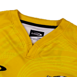 Close-up of a yellow Classic Sportswear Hurricanes Super Rugby 2024 Home Jersey with a white label marked "classic" inside the collar.