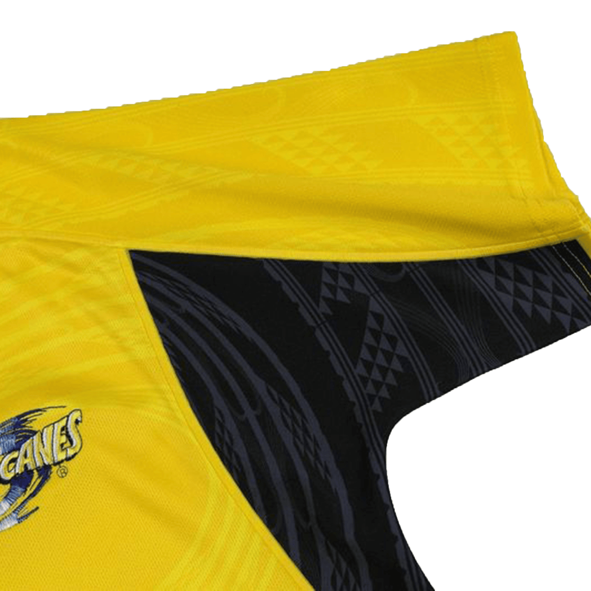 Yellow and black patterned athletic fit sports shorts with the logo "games" placed on the lower left leg. - Hurricanes Super Rugby 2024 Home Jersey by Classic Sportswear.