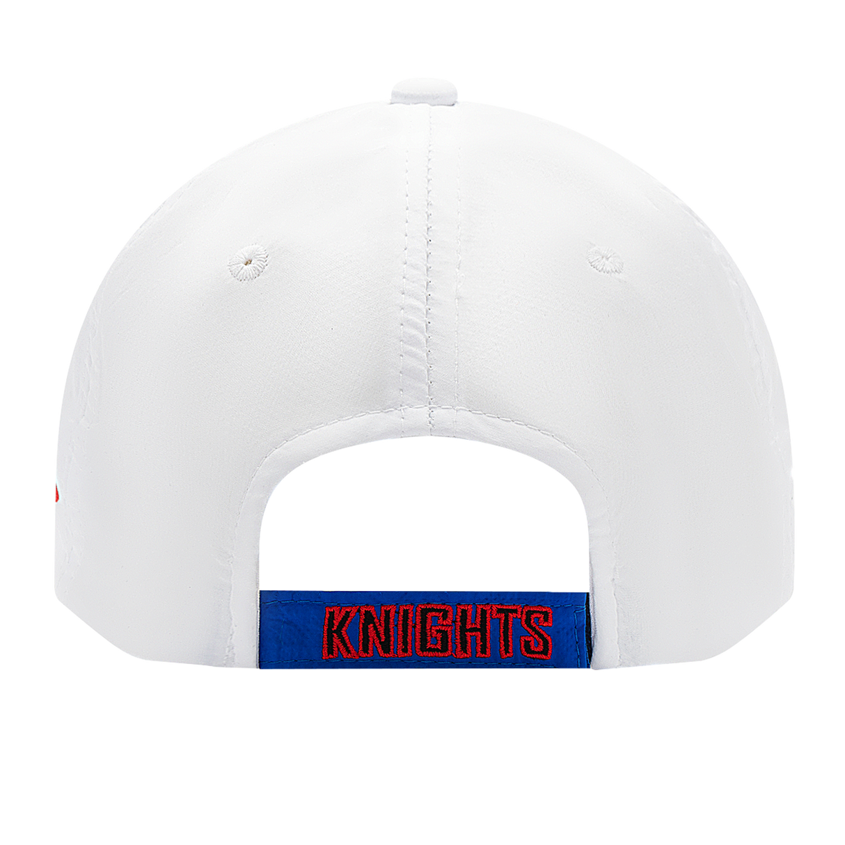 Back view of the Knights NRL 25/26 Media Cap by Classic Sportswear, a white polyester hat. "KNIGHTS" is embroidered in blue and red on the adjustable Velcro closure for a secure fit.