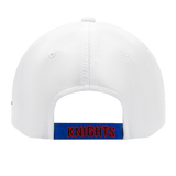 Back view of the Knights NRL 25/26 Media Cap by Classic Sportswear, a white polyester hat. "KNIGHTS" is embroidered in blue and red on the adjustable Velcro closure for a secure fit.