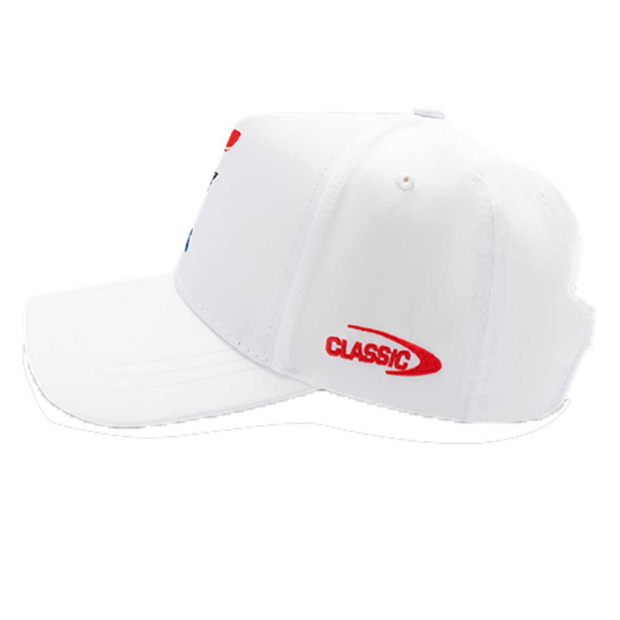 The Knights NRL 25/26 Media Cap by Classic Sportswear showcases a white design with a curved brim and red "CLASSIC" logo on the side. Made from quick-drying polyester, it offers comfort and durability, while an adjustable Velcro closure provides the perfect fit for any adventure.