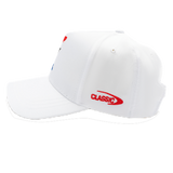 The Knights NRL 25/26 Media Cap by Classic Sportswear showcases a white design with a curved brim and red "CLASSIC" logo on the side. Made from quick-drying polyester, it offers comfort and durability, while an adjustable Velcro closure provides the perfect fit for any adventure.