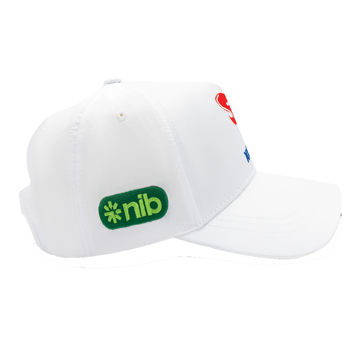 The Knights NRL 25/26 Media Cap by Classic Sportswear showcases a white design with a green "nib" logo on the side. It's crafted from quick-drying polyester for comfort during any activity and includes an adjustable Velcro closure for a perfect fit.