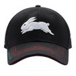 The Rabbitohs NRL 2025 Media Cap by Classic Sportswear showcases a sleek black design with an embroidered white rabbit on the front and red stitching on the visor. Crafted from quick-drying polyester, it ensures both comfort and convenience with its adjustable Velcro closure for a perfect fit.