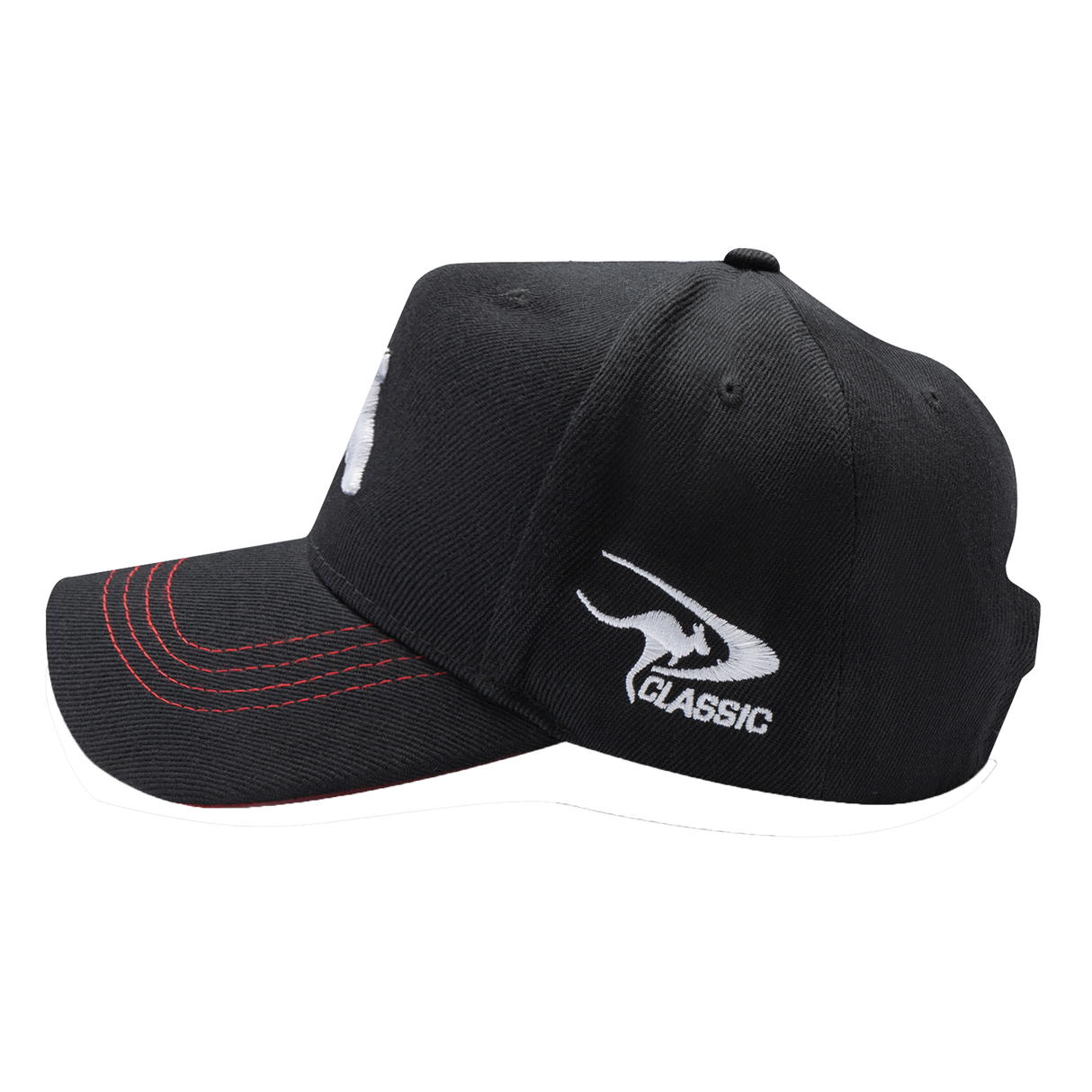 The Rabbitohs NRL 2025 Media Cap by Classic Sportswear features a black design with red stitching on the brim and a white "Classic" logo on the side. Made from quick-drying polyester for enhanced comfort, it includes an adjustable Velcro closure, making it perfect for any adventure or game day.