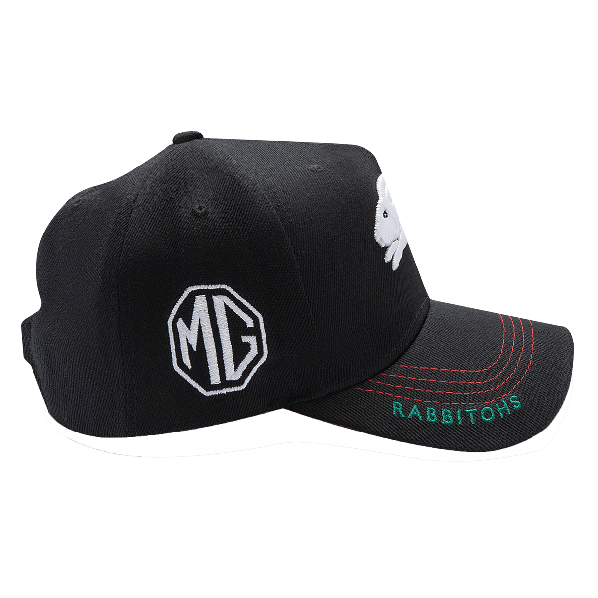 The Rabbitohs NRL 2025 Media Cap by Classic Sportswear is a black baseball cap featuring the MG logo and 'Rabbitohs' text, with a white rabbit silhouette on the side. Made from quick-drying polyester, this cap includes red stitching on the brim and has an adjustable Velcro closure to ensure a perfect fit.