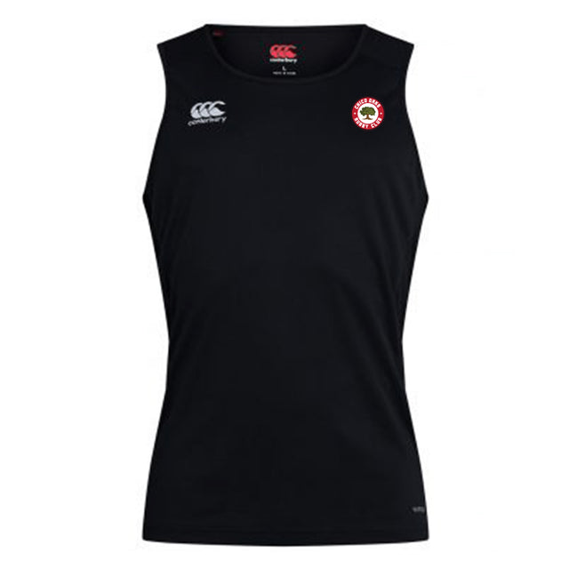 The Chico Oaks Club Dry Singlet by EMB Canterbury is a black sleeveless top with Vapodri Technology for ultimate comfort. Featuring logos on the upper left and right chest, it's perfect athletic gear for high-performance workouts.