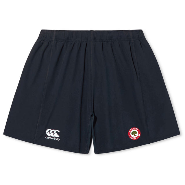 Chico Oaks Yokohama Shorts by EMB Canterbury feature a Canterbury logo on the left leg and a circular red emblem with a white background on the right, designed with a silicone gripper for enhanced comfort and fit.