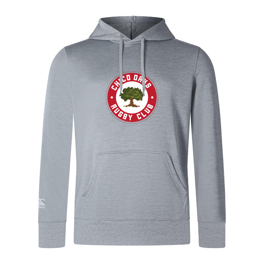 The Chico Oaks Club Lightweight Hoodie by WRS Canterbury features a kangaroo pocket and a "Chico Oaks Rugby Club" logo with an oak tree inside a red circle on the chest.