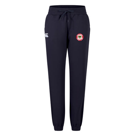 The Chico Oaks Women's Leisure Sweatpant by EMB Canterbury features a navy design, a drawstring waistband, a white Canterbury logo on the left, and a red/white tree patch on the right. Made from organic cotton for comfort and style.