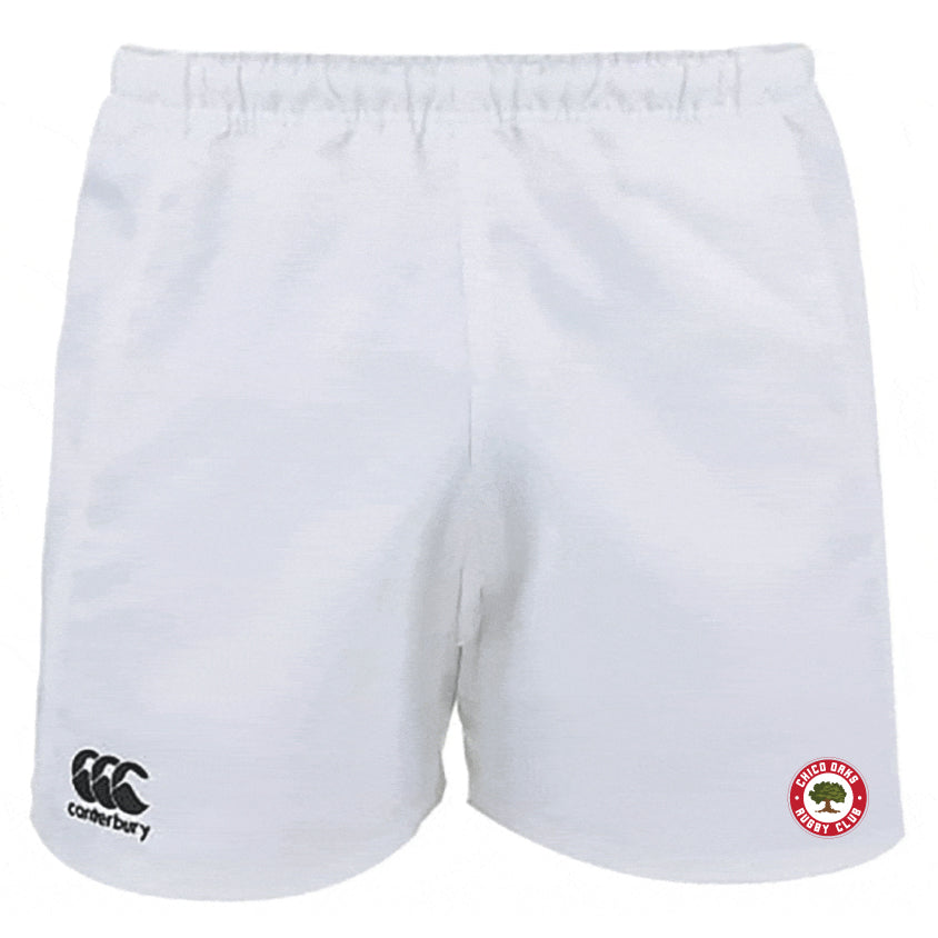 The Chico Oaks Advantage Rugby Shorts by EMB Canterbury offer style and comfort with moisture-wicking fabric and an elastic waistband, featuring "Canterbury" on the left leg and "Leeds Irish Rugby Club" on the right.