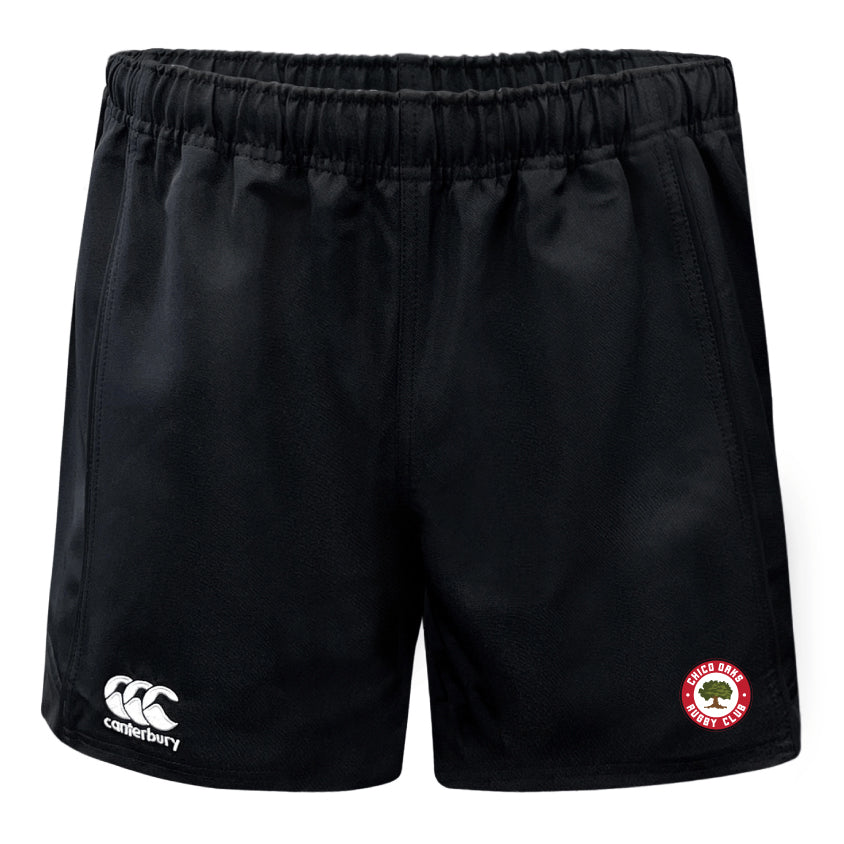 Chico Oaks Advantage Rugby Shorts by Canterbury feature an elastic waistband, a Canterbury logo on the left, and a badge with a red emblem on the right. They are made with moisture-wicking fabric for comfort during intense games. Brand: EMB Canterbury.