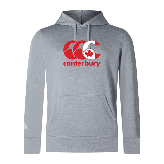 The WRS Canterbury CCC Club Lightweight Hoodie is a light gray hoodie featuring a red CCC logo with a maple leaf on the chest, showcasing the Canterbury Canada spirit.