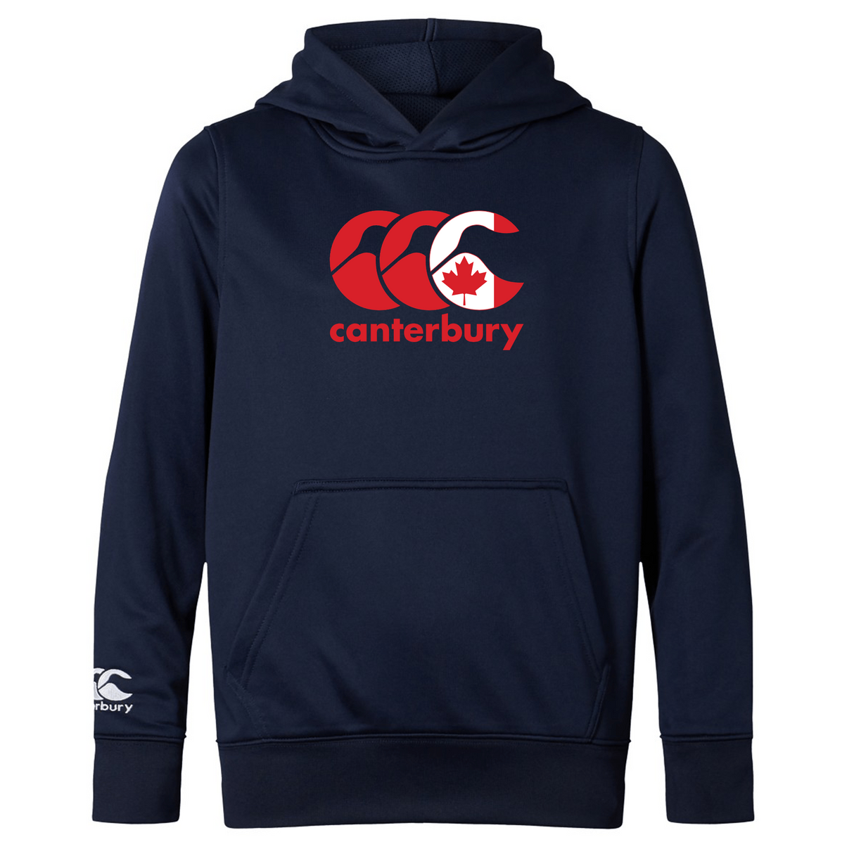 Navy blue lightweight hoodie by WRS Canterbury featuring the CCC Logo and a bold red maple leaf.